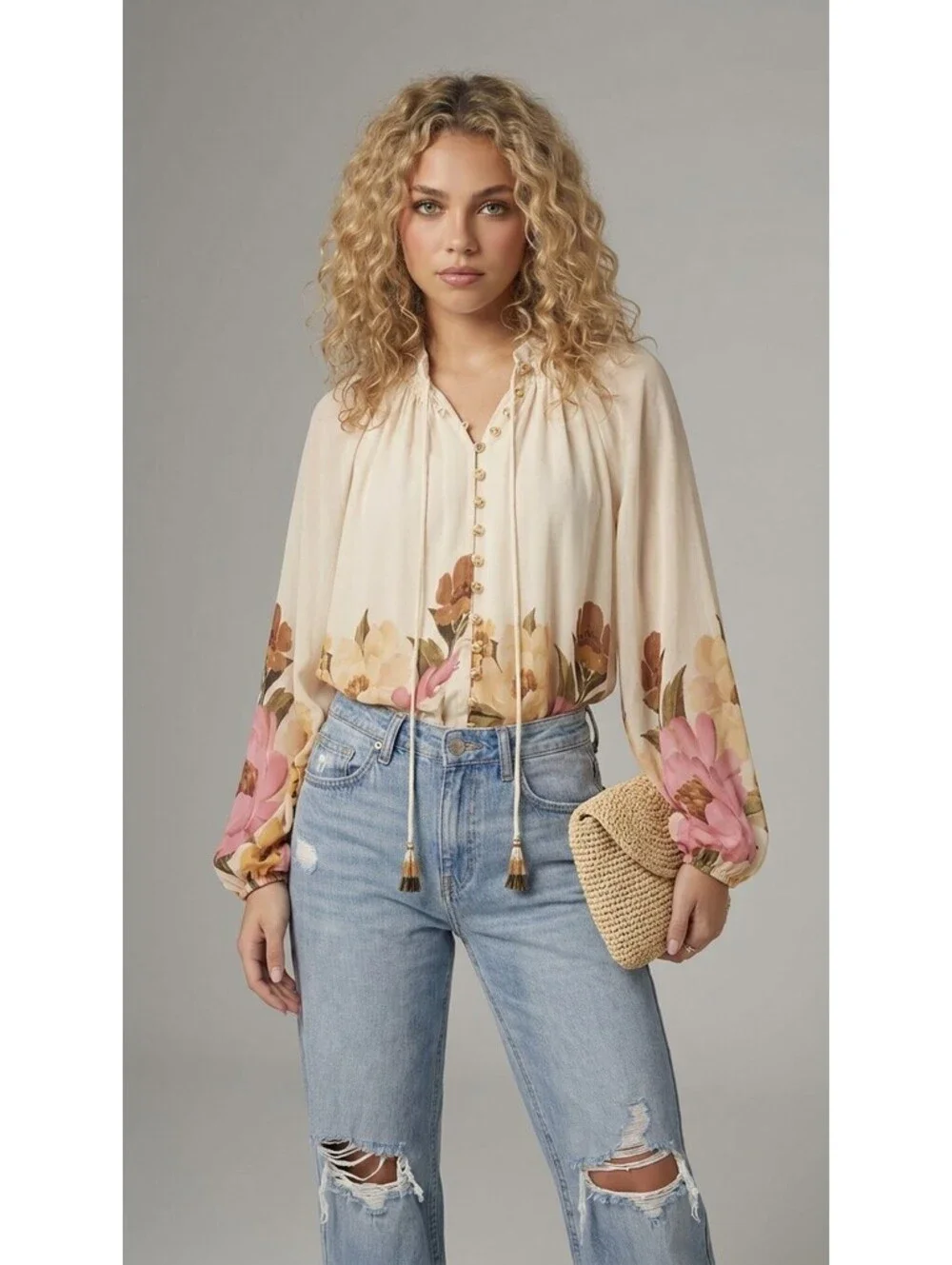 FARM Rio Anthropologie Size S Cream Floral Balloon Sleeve High-Neck Blouse Boho